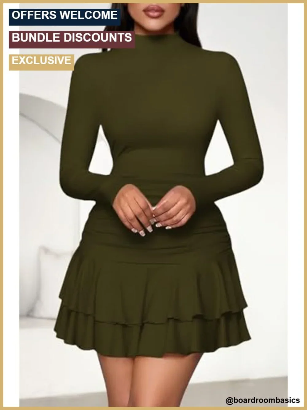 Women's Y2K Ruffle Layered Bodycon Mini Dress Long Sleeve Mock Neck Ruched